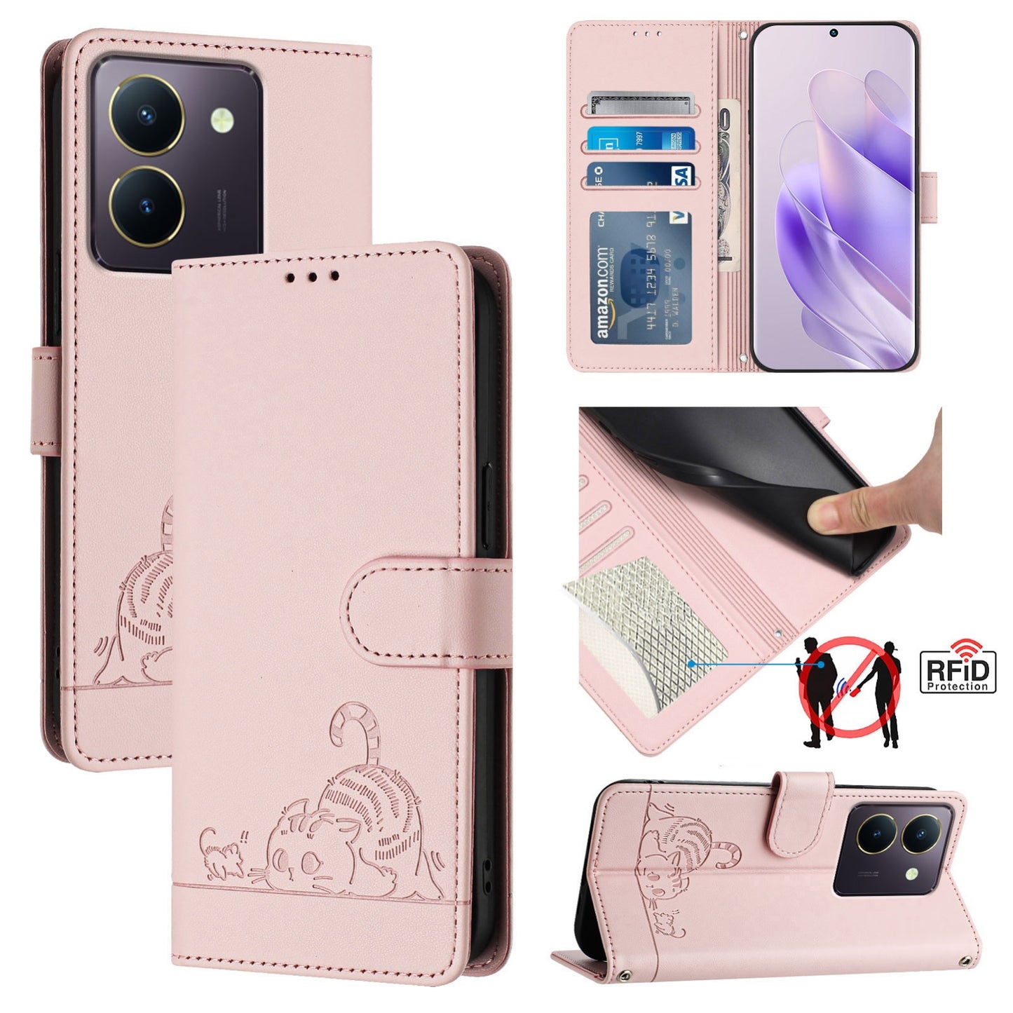 vivo Y27S 4G Global Leather Phone Case with Cat and Rat Embossed Pattern, RFID Protection, Card Holder Slots, Anti-fall Feature & Lanyard