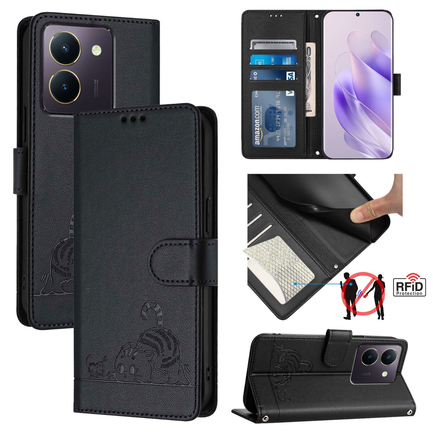 vivo Y27S 4G Global Leather Phone Case with Cat and Rat Embossed Pattern, RFID Protection, Card Holder Slots, Anti-fall Feature & Lanyard