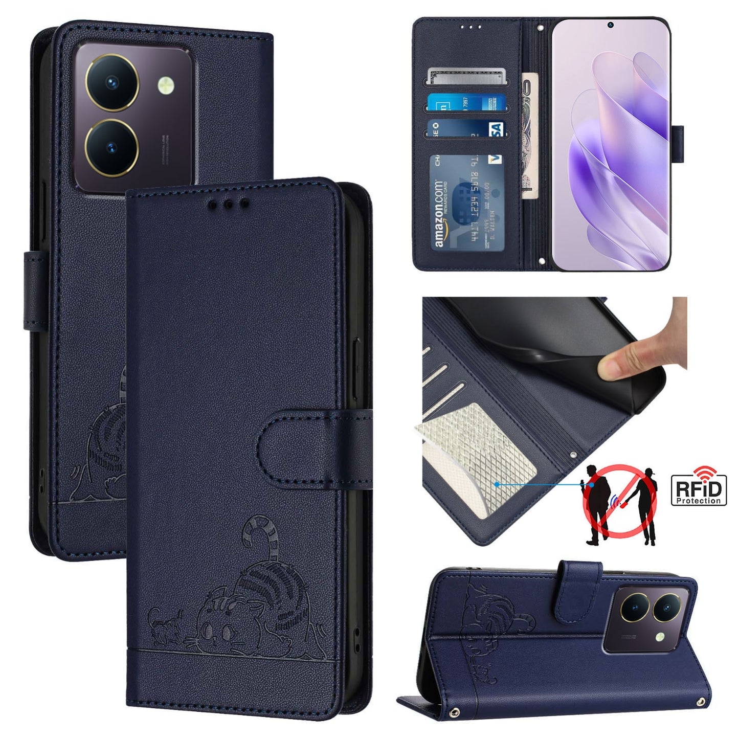 vivo Y27S 4G Global Leather Phone Case with Cat and Rat Embossed Pattern, RFID Protection, Card Holder Slots, Anti-fall Feature & Lanyard
