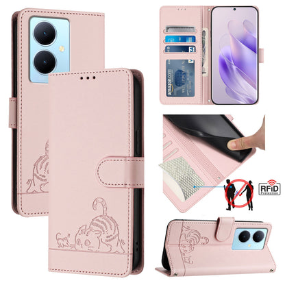 vivo Y78+ 5G Global Leather Phone Case with Cat and Rat Embossed Pattern, RFID Protection, Card Holder Slots, Anti-fall Feature & Lanyard