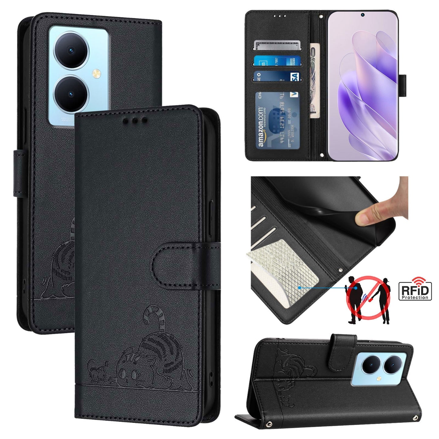 vivo Y78+ 5G Global Leather Phone Case with Cat and Rat Embossed Pattern, RFID Protection, Card Holder Slots, Anti-fall Feature & Lanyard