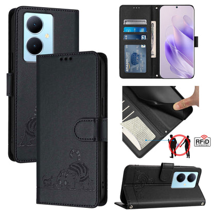 vivo Y78+ 5G Global Leather Phone Case with Cat and Rat Embossed Pattern, RFID Protection, Card Holder Slots, Anti-fall Feature & Lanyard