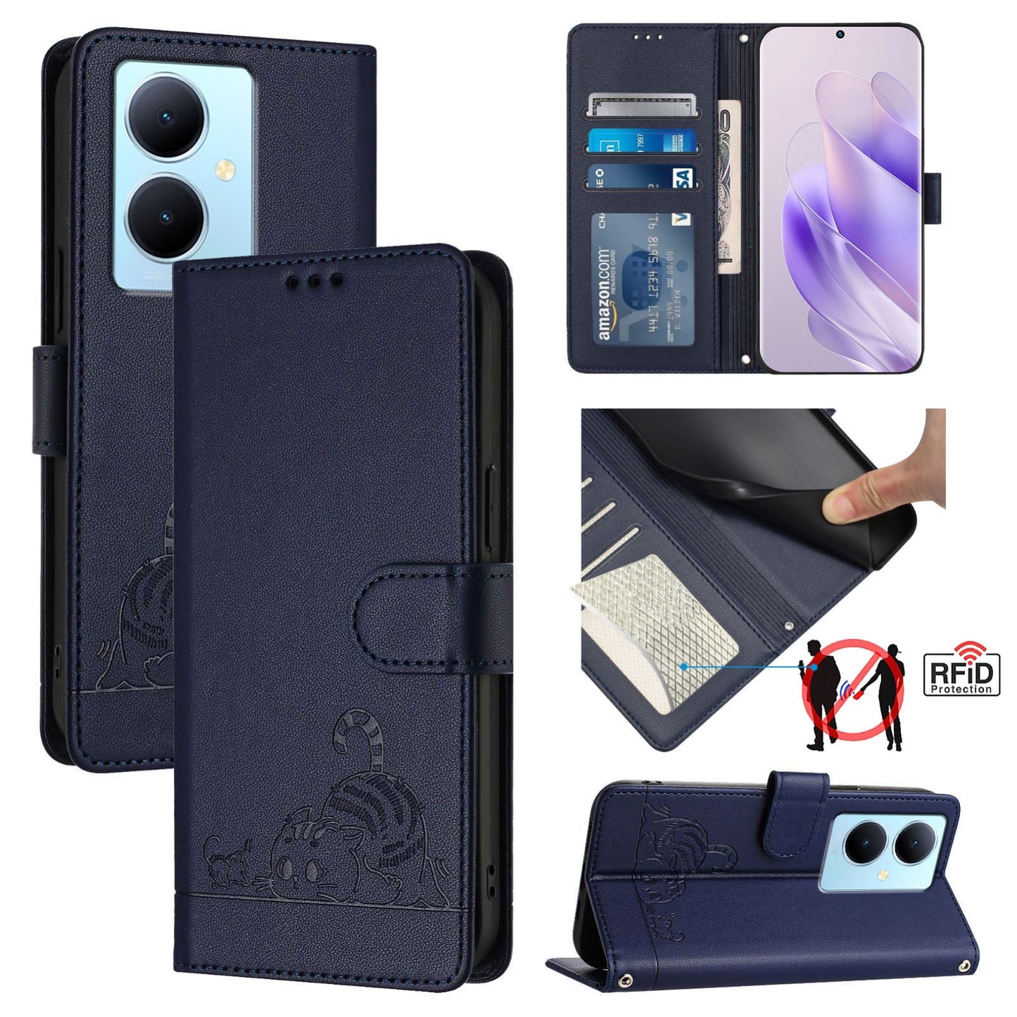 vivo Y78+ 5G Global Leather Phone Case with Cat and Rat Embossed Pattern, RFID Protection, Card Holder Slots, Anti-fall Feature & Lanyard