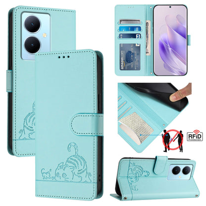 vivo V29 Lite Leather Phone Case with Cat and Rat Embossed Pattern, RFID Protection, Card Holder Slots, Anti-fall Feature & Lanyard