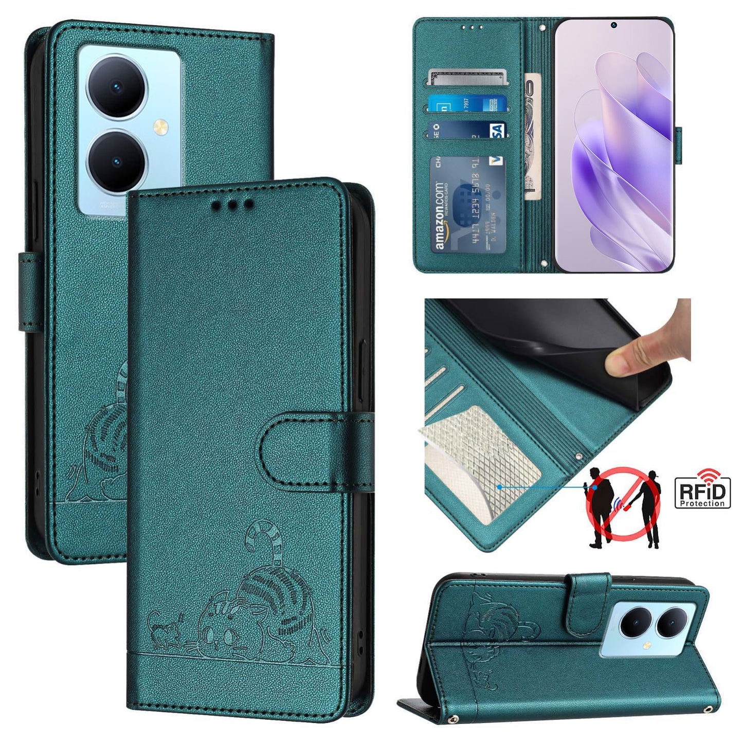 vivo V29 Lite Leather Phone Case with Cat and Rat Embossed Pattern, RFID Protection, Card Holder Slots, Anti-fall Feature & Lanyard