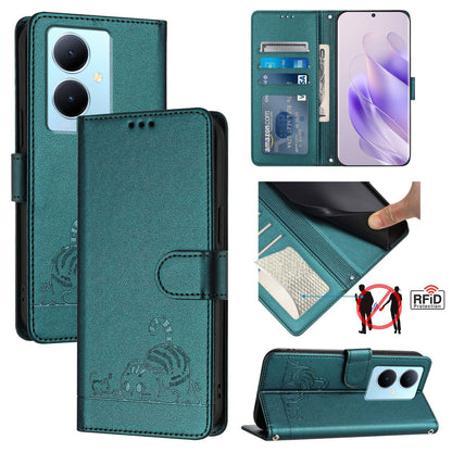 vivo V29 Lite Leather Phone Case with Cat and Rat Embossed Pattern, RFID Protection, Card Holder Slots, Anti-fall Feature & Lanyard