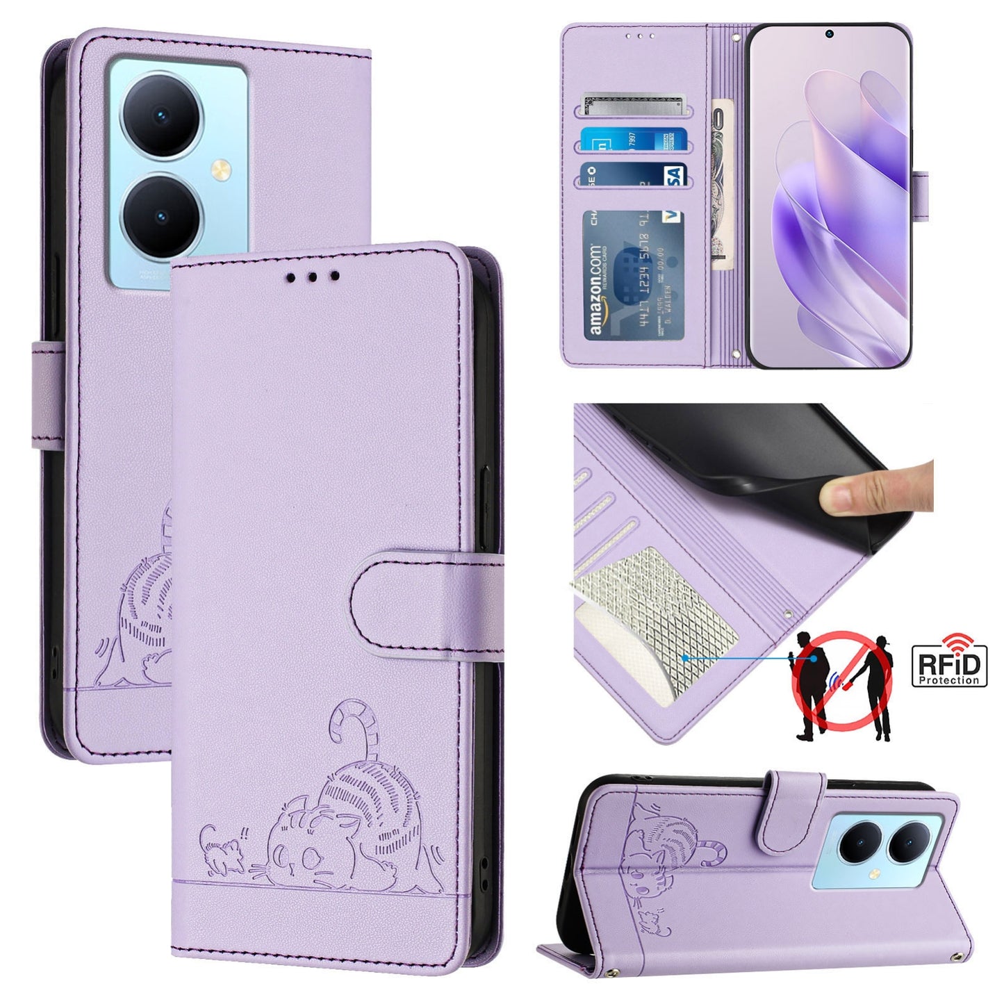 vivo V29 Lite Leather Phone Case with Cat and Rat Embossed Pattern, RFID Protection, Card Holder Slots, Anti-fall Feature & Lanyard