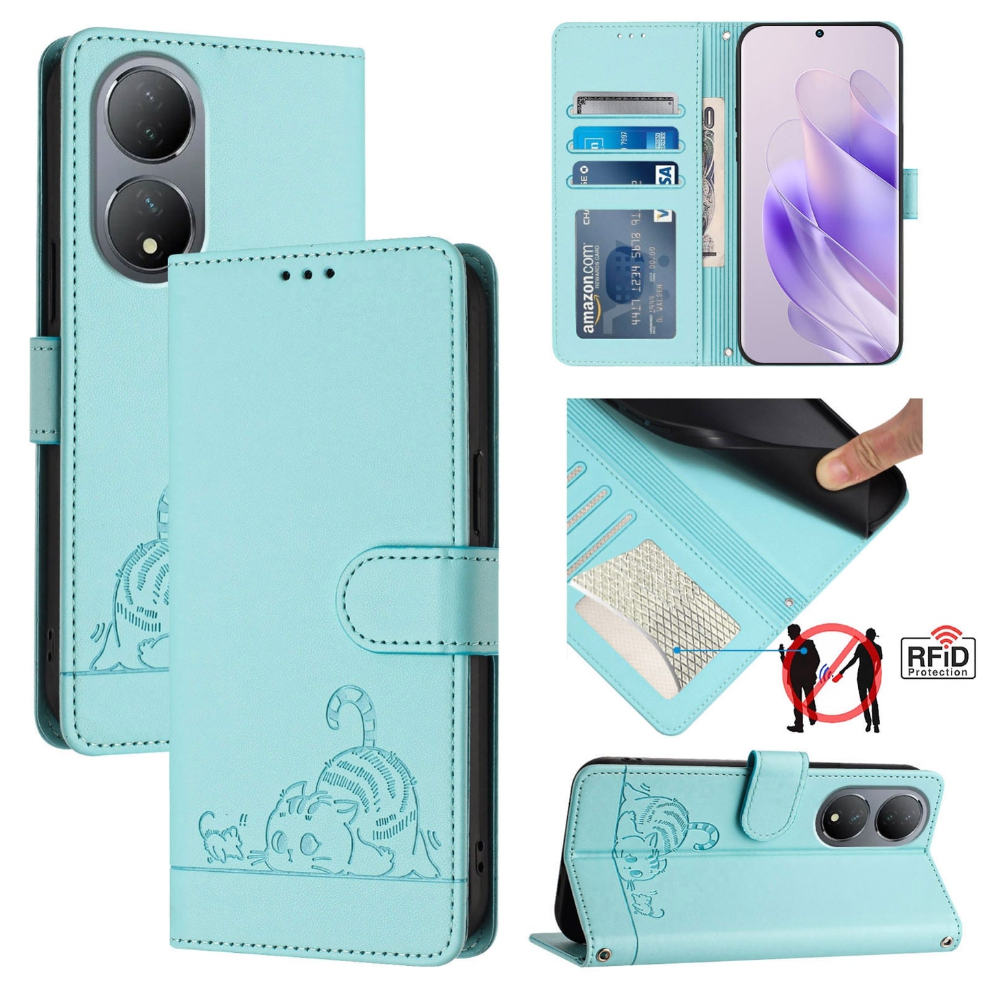 vivo Y100 5G Global Leather Phone Case with Cat and Rat Embossed Pattern, RFID Protection, Card Holder Slots, Anti-fall Feature & Lanyard