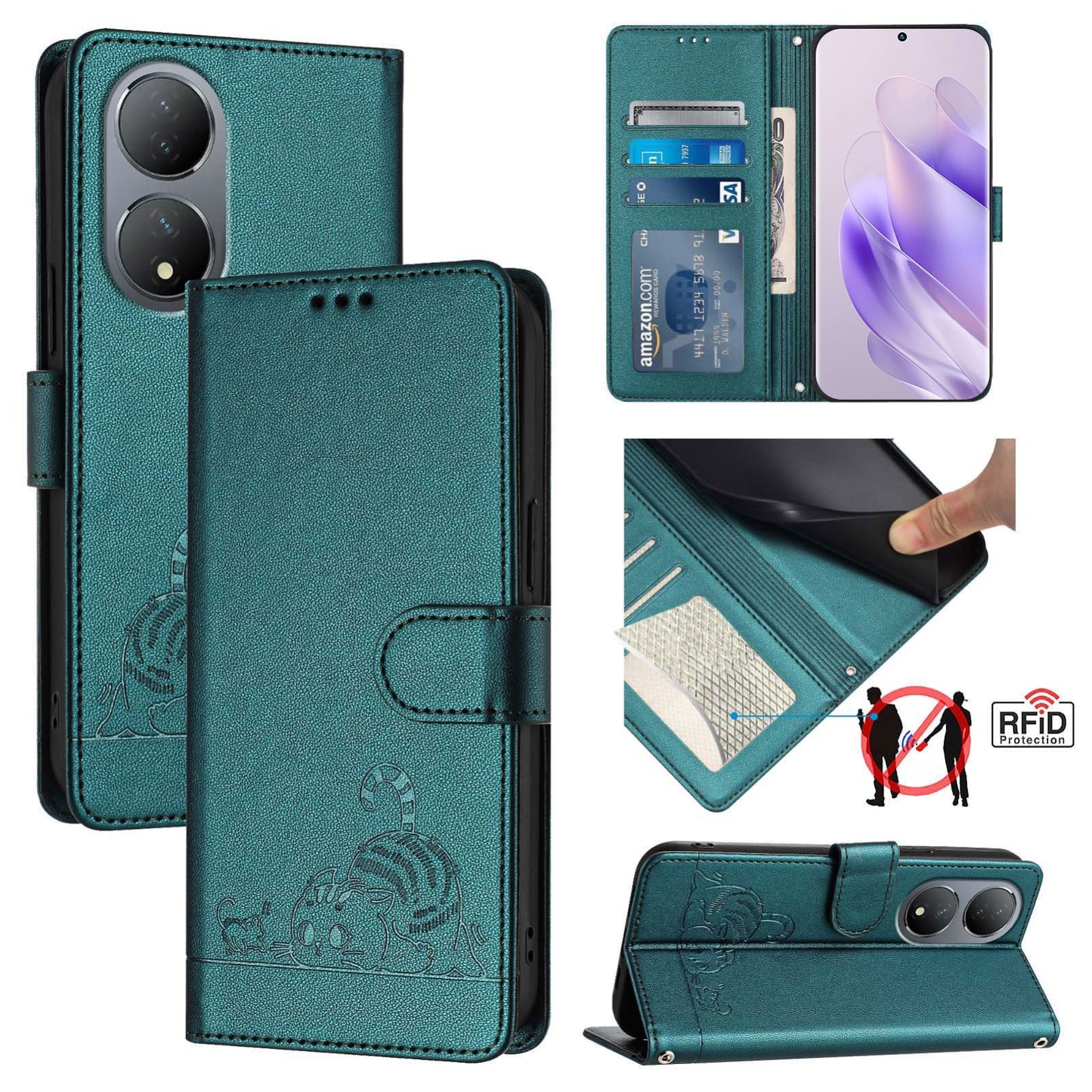 vivo Y100 5G Global Leather Phone Case with Cat and Rat Embossed Pattern, RFID Protection, Card Holder Slots, Anti-fall Feature & Lanyard