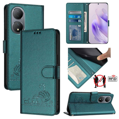 vivo Y100 5G Global Leather Phone Case with Cat and Rat Embossed Pattern, RFID Protection, Card Holder Slots, Anti-fall Feature & Lanyard