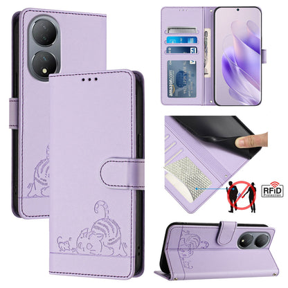 vivo Y100 5G Global Leather Phone Case with Cat and Rat Embossed Pattern, RFID Protection, Card Holder Slots, Anti-fall Feature & Lanyard