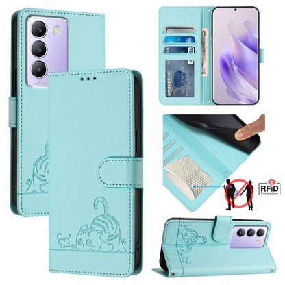 vivo Y100 5G IDN Leather Phone Case with Cat and Rat Embossed Pattern, RFID Protection, Card Holder Slots, Anti-fall Feature & Lanyard