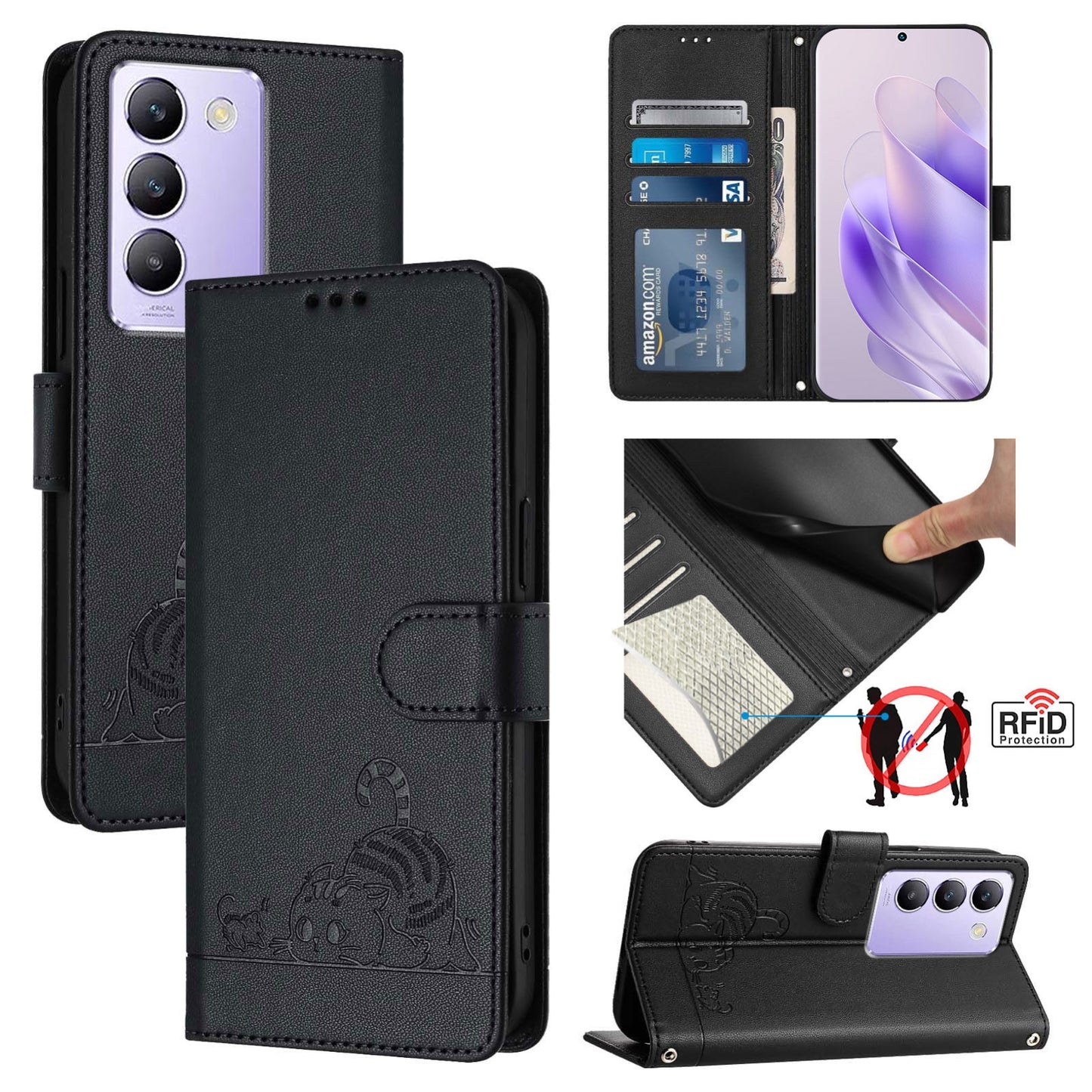 vivo Y100 5G IDN Leather Phone Case with Cat and Rat Embossed Pattern, RFID Protection, Card Holder Slots, Anti-fall Feature & Lanyard