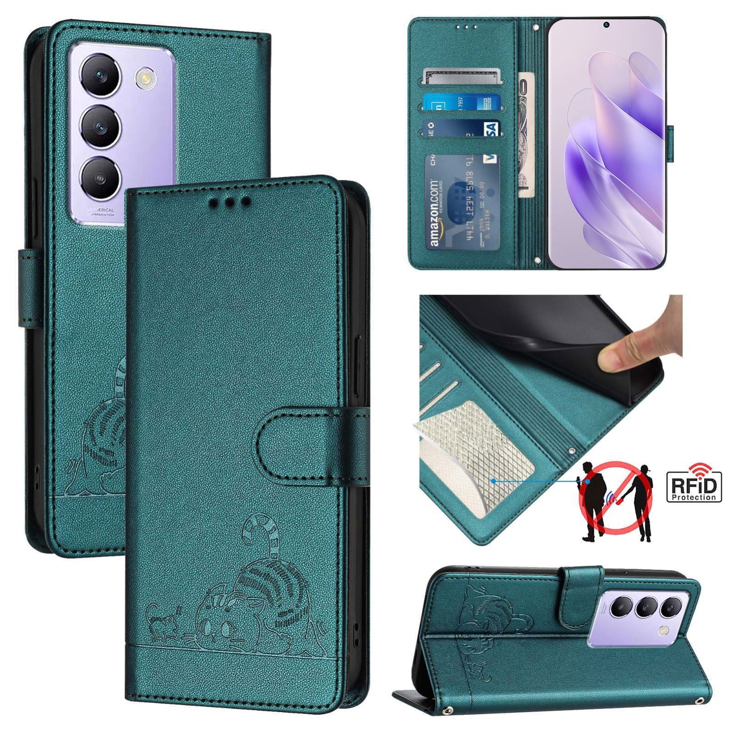 vivo Y100 5G IDN Leather Phone Case with Cat and Rat Embossed Pattern, RFID Protection, Card Holder Slots, Anti-fall Feature & Lanyard