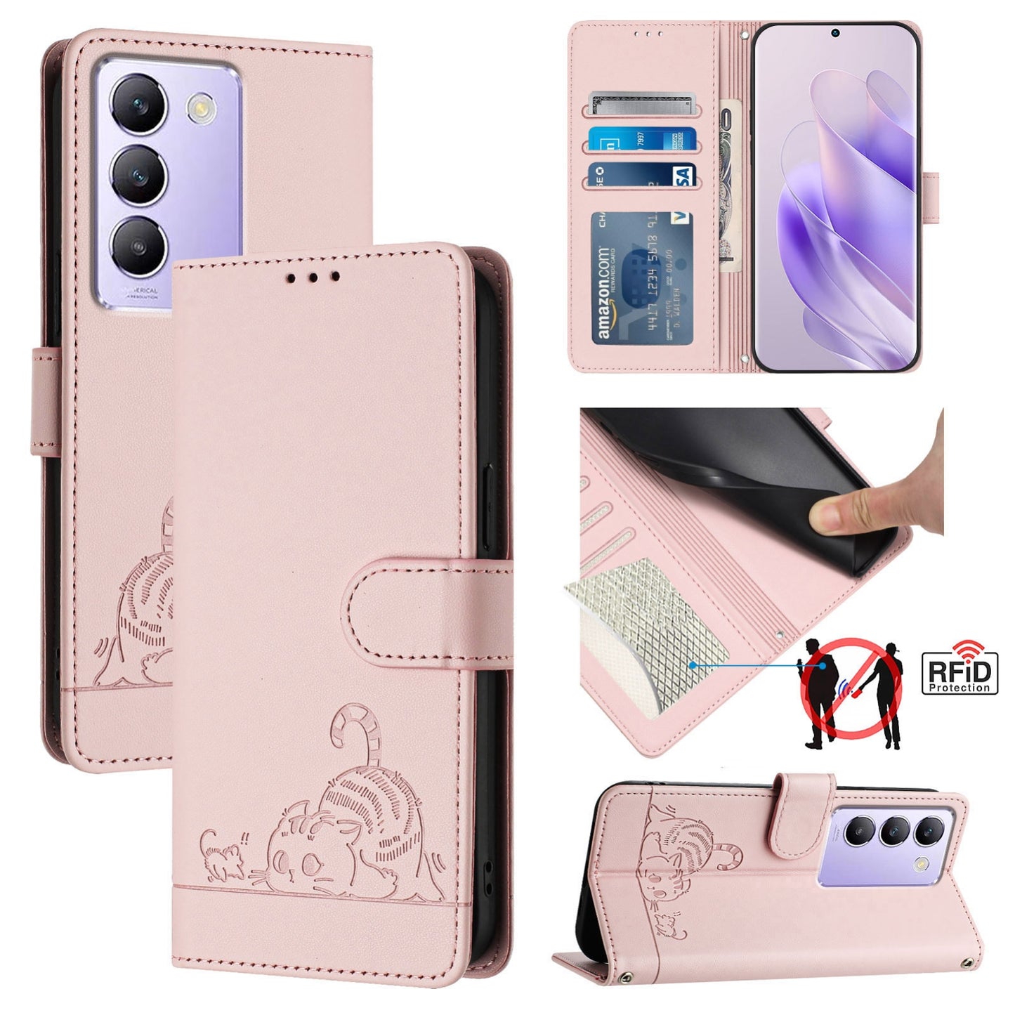 vivo Y200E 5G Global Leather Phone Case with Cat and Rat Embossed Pattern, RFID Protection, Card Holder Slots, Anti-fall Feature & Lanyard