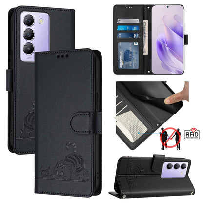 vivo Y200E 5G Global Leather Phone Case with Cat and Rat Embossed Pattern, RFID Protection, Card Holder Slots, Anti-fall Feature & Lanyard