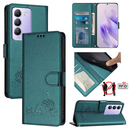 vivo Y200E 5G Global Leather Phone Case with Cat and Rat Embossed Pattern, RFID Protection, Card Holder Slots, Anti-fall Feature & Lanyard