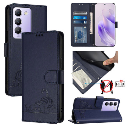 vivo Y200E 5G Global Leather Phone Case with Cat and Rat Embossed Pattern, RFID Protection, Card Holder Slots, Anti-fall Feature & Lanyard