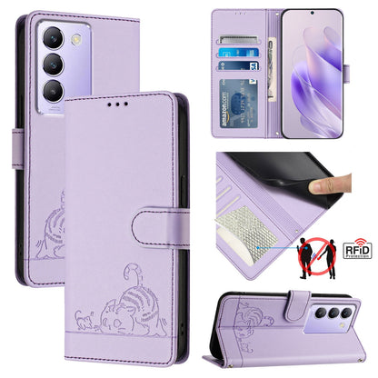 vivo Y200E 5G Global Leather Phone Case with Cat and Rat Embossed Pattern, RFID Protection, Card Holder Slots, Anti-fall Feature & Lanyard