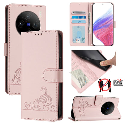 vivo X100 Leather Phone Case with Cat and Rat Embossed Pattern, RFID Protection, Card Holder Slots, Anti-fall Feature & Lanyard