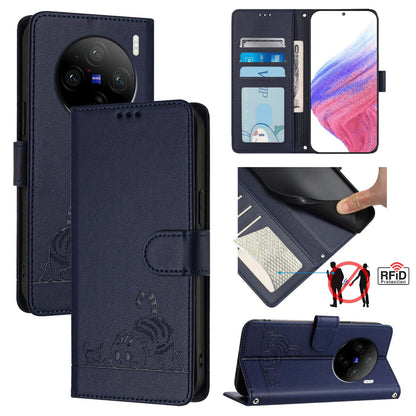 vivo X100 Leather Phone Case with Cat and Rat Embossed Pattern, RFID Protection, Card Holder Slots, Anti-fall Feature & Lanyard