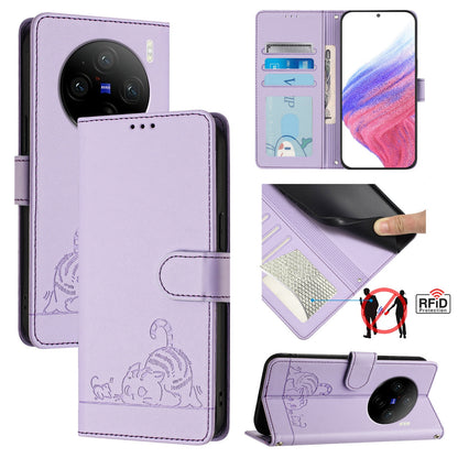 vivo X100 Leather Phone Case with Cat and Rat Embossed Pattern, RFID Protection, Card Holder Slots, Anti-fall Feature & Lanyard