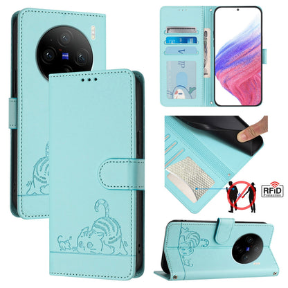 vivo X100 Pro 5G Leather Phone Case with Cat and Rat Embossed Pattern, RFID Protection, Card Holder Slots, Anti-fall Feature & Lanyard