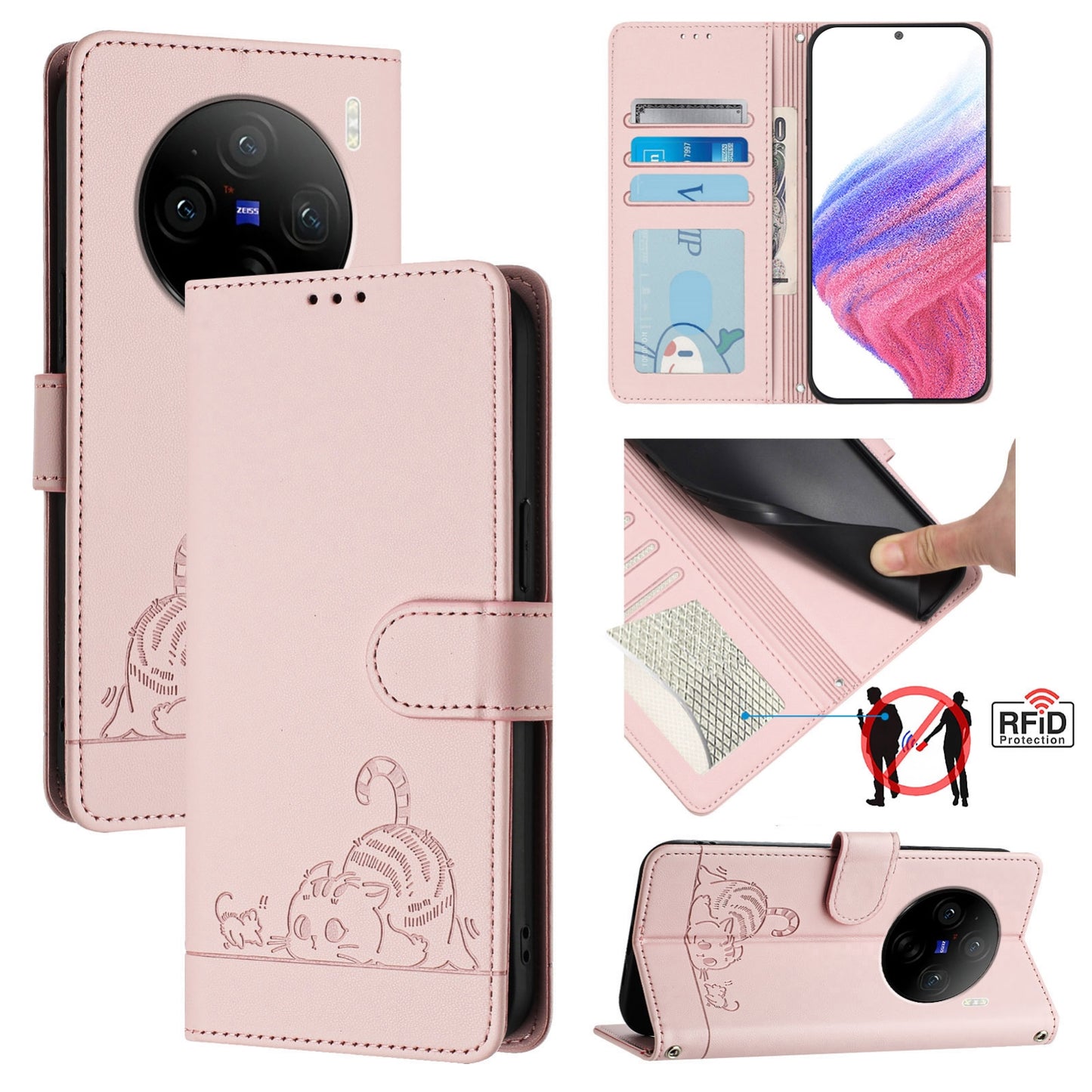 vivo X100 Pro 5G Leather Phone Case with Cat and Rat Embossed Pattern, RFID Protection, Card Holder Slots, Anti-fall Feature & Lanyard