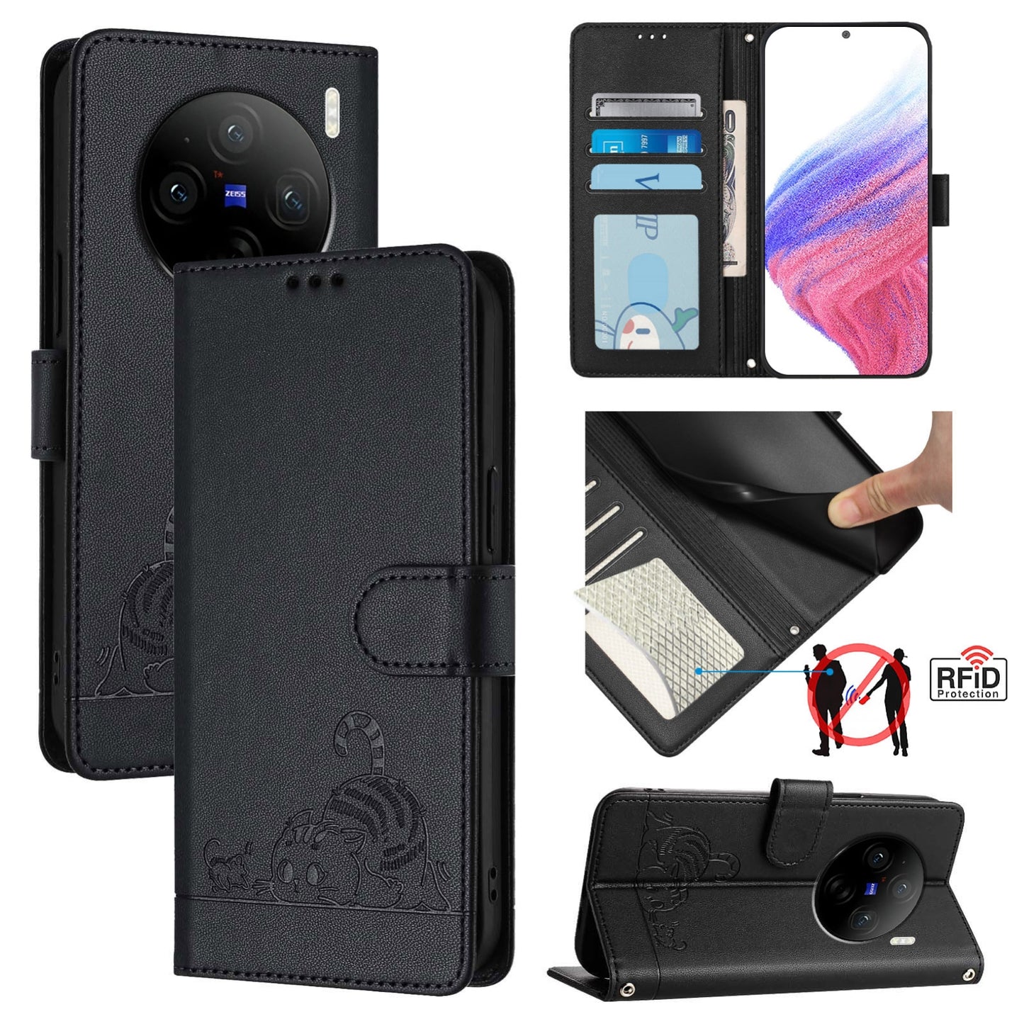 vivo X100 Pro 5G Leather Phone Case with Cat and Rat Embossed Pattern, RFID Protection, Card Holder Slots, Anti-fall Feature & Lanyard