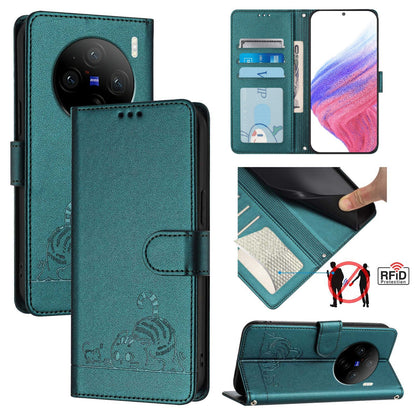 vivo X100 Pro 5G Leather Phone Case with Cat and Rat Embossed Pattern, RFID Protection, Card Holder Slots, Anti-fall Feature & Lanyard