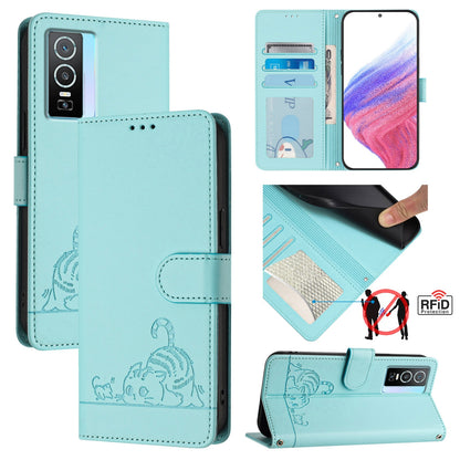 vivo Y76 5G Leather Phone Case with Cat and Rat Embossed Pattern, RFID Protection, Card Holder Slots, Anti-fall Feature & Lanyard