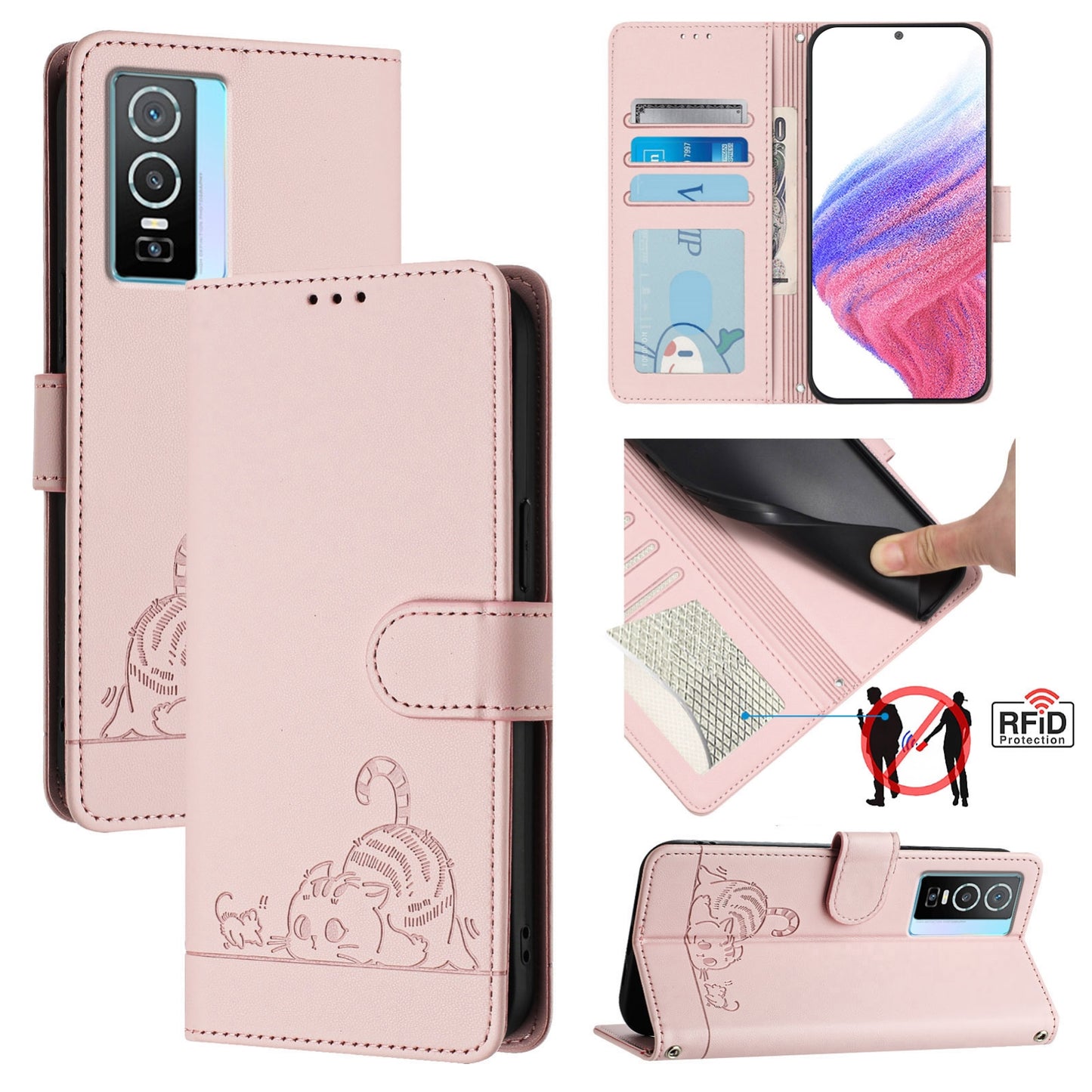 vivo Y76 5G Leather Phone Case with Cat and Rat Embossed Pattern, RFID Protection, Card Holder Slots, Anti-fall Feature & Lanyard