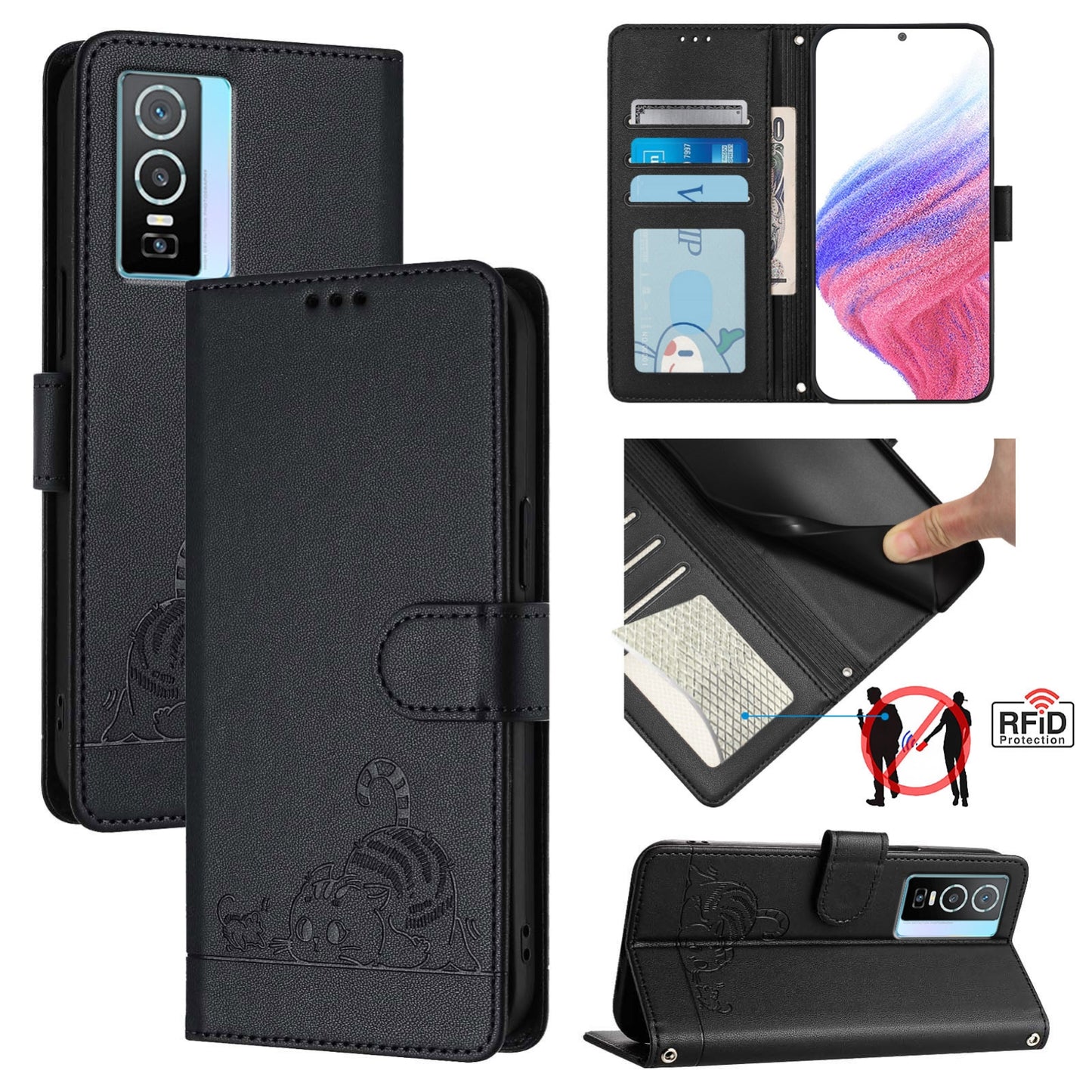 vivo Y76 5G Leather Phone Case with Cat and Rat Embossed Pattern, RFID Protection, Card Holder Slots, Anti-fall Feature & Lanyard