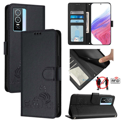 vivo Y76 5G Leather Phone Case with Cat and Rat Embossed Pattern, RFID Protection, Card Holder Slots, Anti-fall Feature & Lanyard
