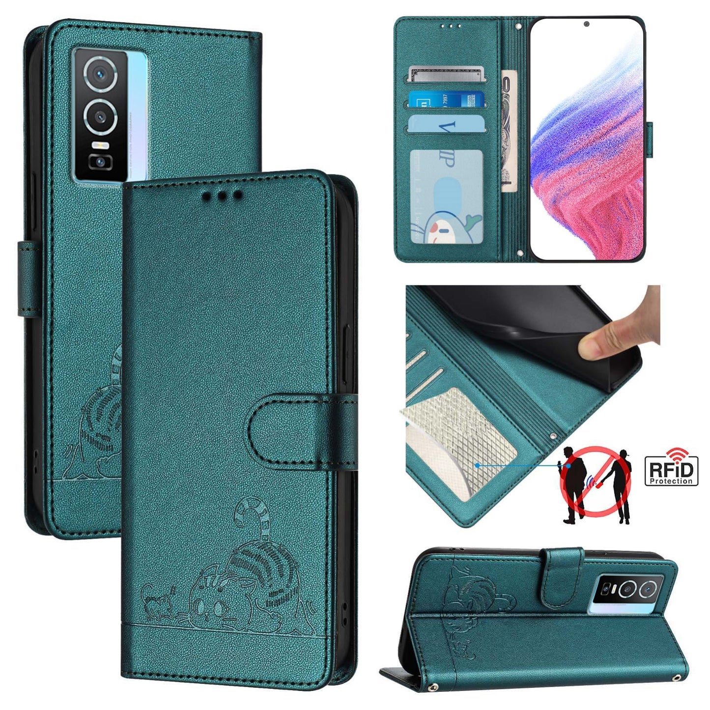 vivo Y76 5G Leather Phone Case with Cat and Rat Embossed Pattern, RFID Protection, Card Holder Slots, Anti-fall Feature & Lanyard