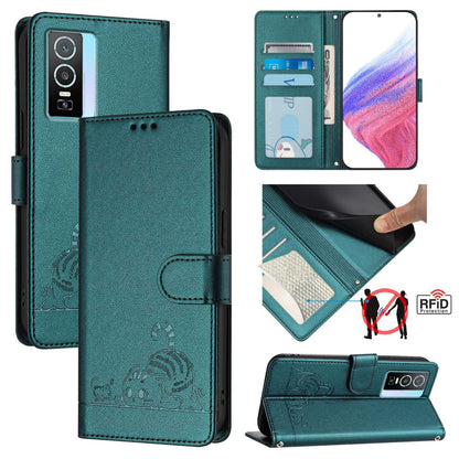 vivo Y76 5G Leather Phone Case with Cat and Rat Embossed Pattern, RFID Protection, Card Holder Slots, Anti-fall Feature & Lanyard