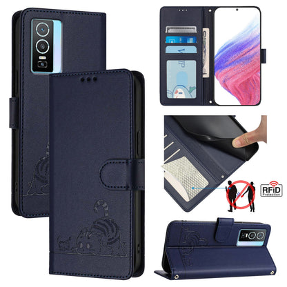 vivo Y76 5G Leather Phone Case with Cat and Rat Embossed Pattern, RFID Protection, Card Holder Slots, Anti-fall Feature & Lanyard