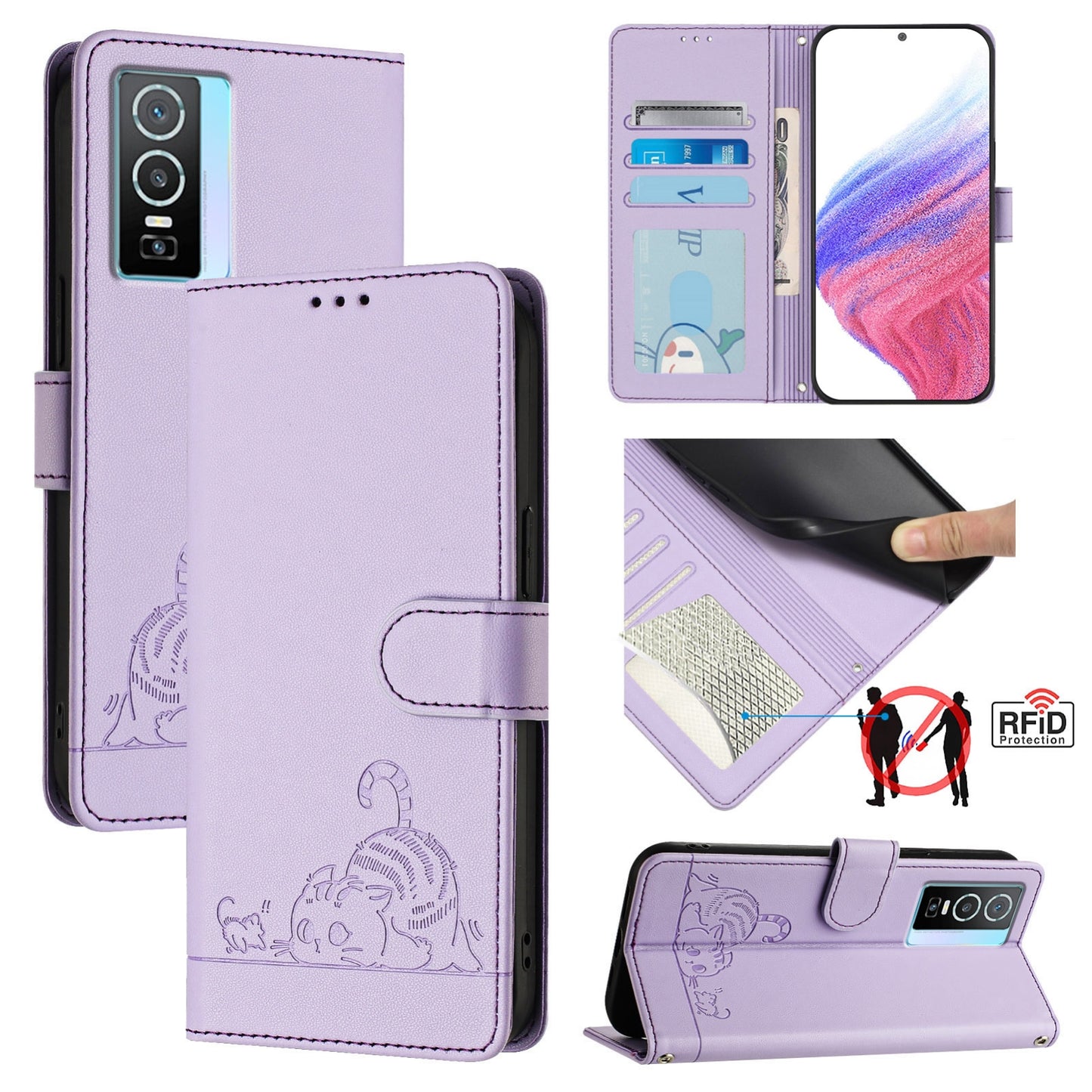 vivo Y76 5G Leather Phone Case with Cat and Rat Embossed Pattern, RFID Protection, Card Holder Slots, Anti-fall Feature & Lanyard