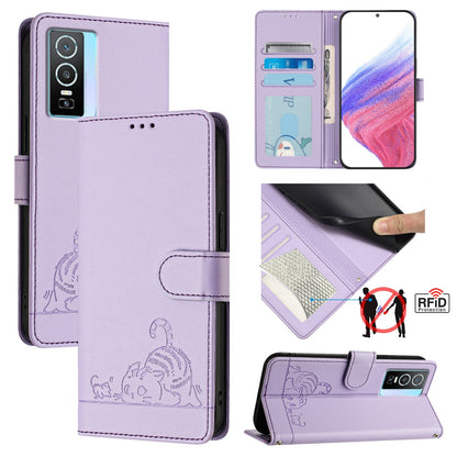 vivo Y76 5G Leather Phone Case with Cat and Rat Embossed Pattern, RFID Protection, Card Holder Slots, Anti-fall Feature & Lanyard
