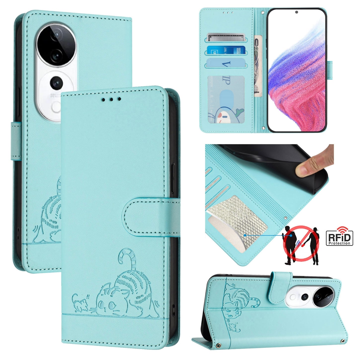 vivo S19 Pro Leather Phone Case with Cat and Rat Embossed Pattern, RFID Protection, Card Holder Slots, Anti-fall Feature & Lanyard