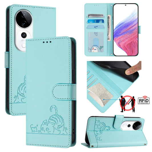 vivo S19 Pro Leather Phone Case with Cat and Rat Embossed Pattern, RFID Protection, Card Holder Slots, Anti-fall Feature & Lanyard