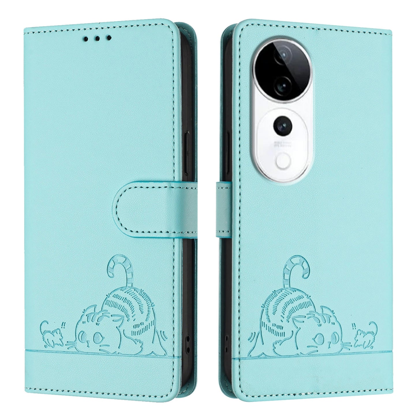 vivo S19 Pro Leather Phone Case with Cat and Rat Embossed Pattern, RFID Protection, Card Holder Slots, Anti-fall Feature & Lanyard