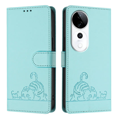vivo S19 Pro Leather Phone Case with Cat and Rat Embossed Pattern, RFID Protection, Card Holder Slots, Anti-fall Feature & Lanyard