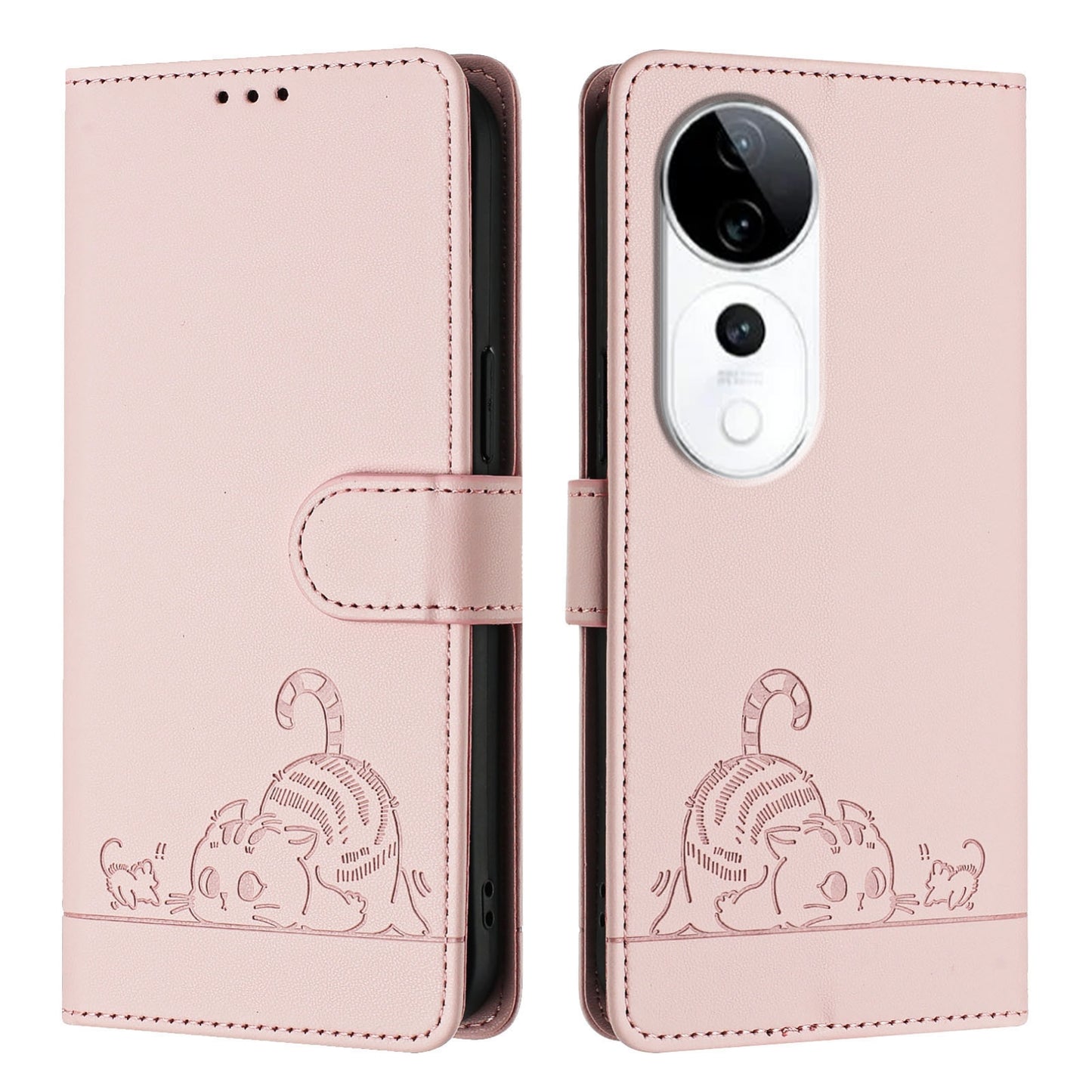 vivo S19 Pro Leather Phone Case with Cat and Rat Embossed Pattern, RFID Protection, Card Holder Slots, Anti-fall Feature & Lanyard