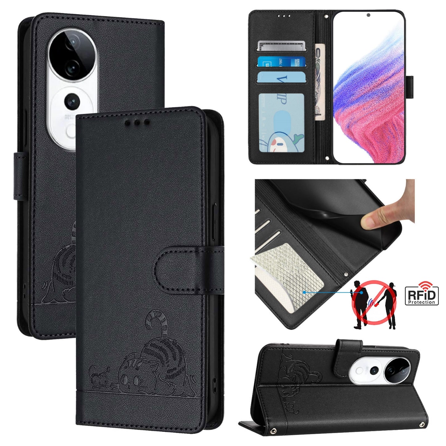 vivo S19 Pro Leather Phone Case with Cat and Rat Embossed Pattern, RFID Protection, Card Holder Slots, Anti-fall Feature & Lanyard