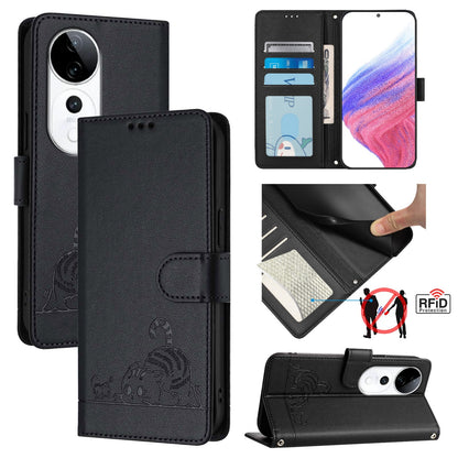 vivo S19 Pro Leather Phone Case with Cat and Rat Embossed Pattern, RFID Protection, Card Holder Slots, Anti-fall Feature & Lanyard
