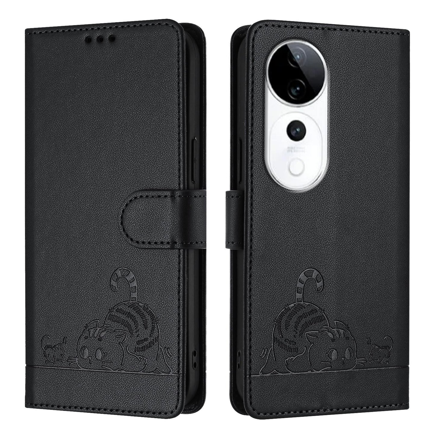vivo S19 Pro Leather Phone Case with Cat and Rat Embossed Pattern, RFID Protection, Card Holder Slots, Anti-fall Feature & Lanyard