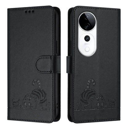 vivo S19 Pro Leather Phone Case with Cat and Rat Embossed Pattern, RFID Protection, Card Holder Slots, Anti-fall Feature & Lanyard