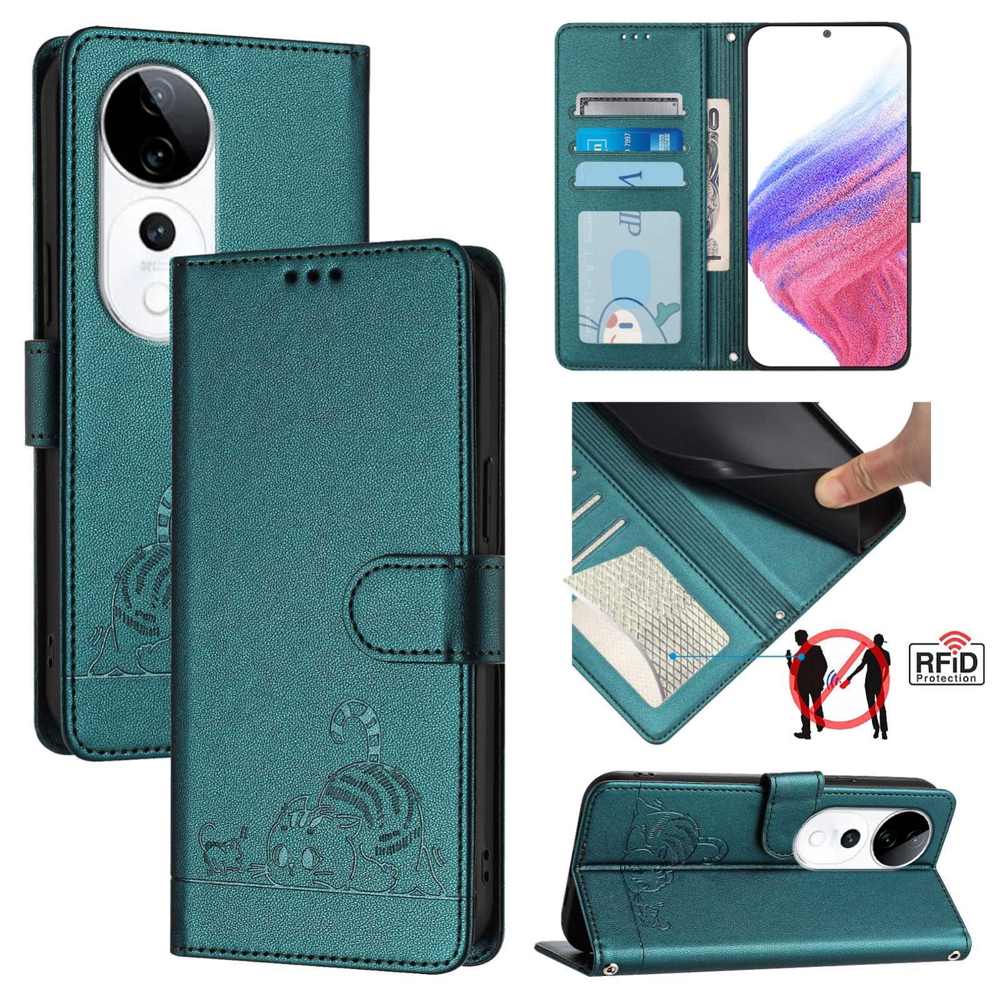 vivo S19 Pro Leather Phone Case with Cat and Rat Embossed Pattern, RFID Protection, Card Holder Slots, Anti-fall Feature & Lanyard
