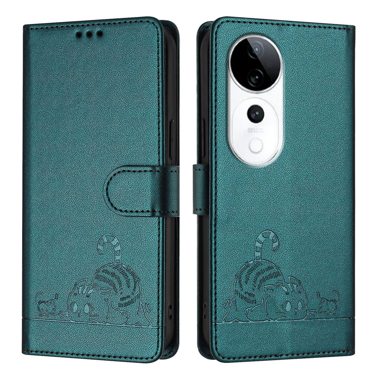vivo S19 Pro Leather Phone Case with Cat and Rat Embossed Pattern, RFID Protection, Card Holder Slots, Anti-fall Feature & Lanyard